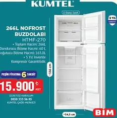 KUMTEL 266 L NOFROST BUZDOLABI HTMF-270 ÇİFT KAPILI fiyat ve kampanya bilgisi